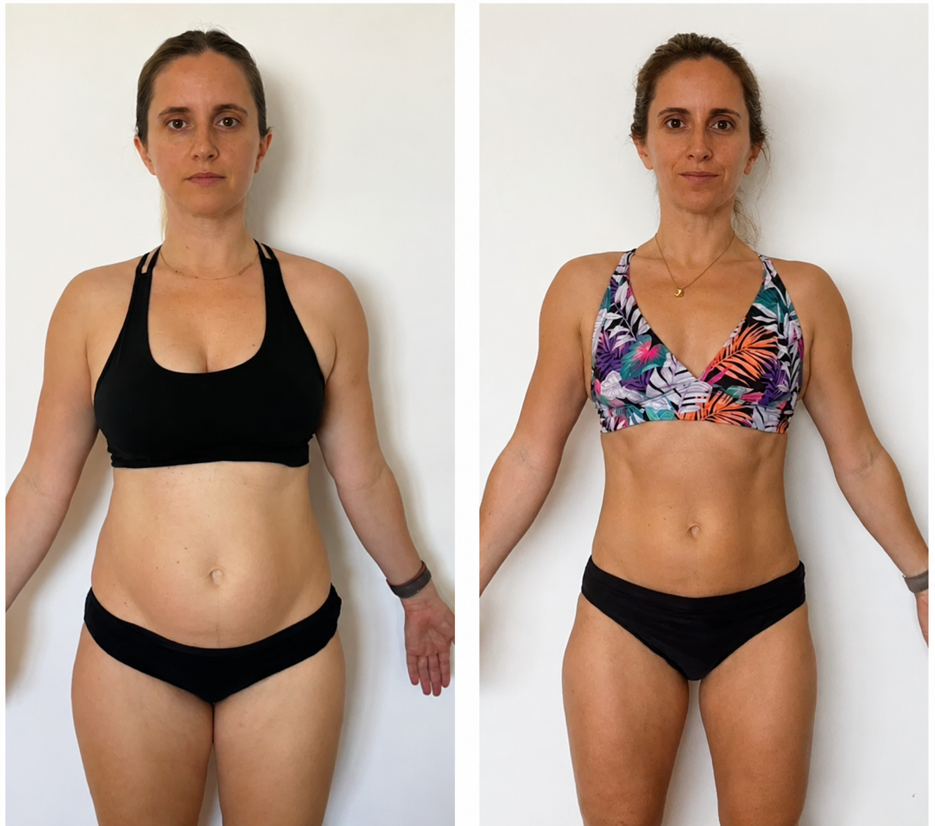 Marina before and after her body recomposition transformation